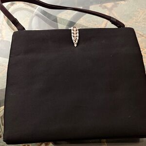 Vintage 1950s Coblentz Black Satin Evening Bag with rhinestone clasp needs TLC